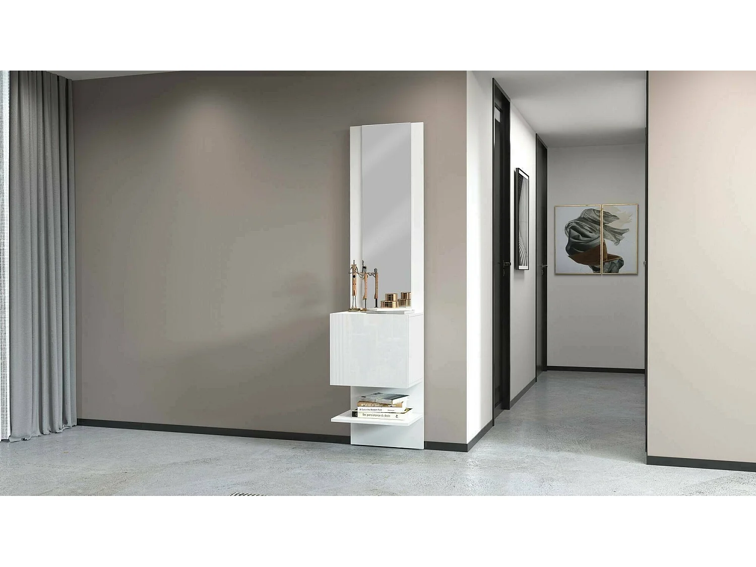 Dcuadrad entreekast, Multifunctionele kast met spiegel, 1-slopped schoenenkast, 45x35h190 cm, Wit