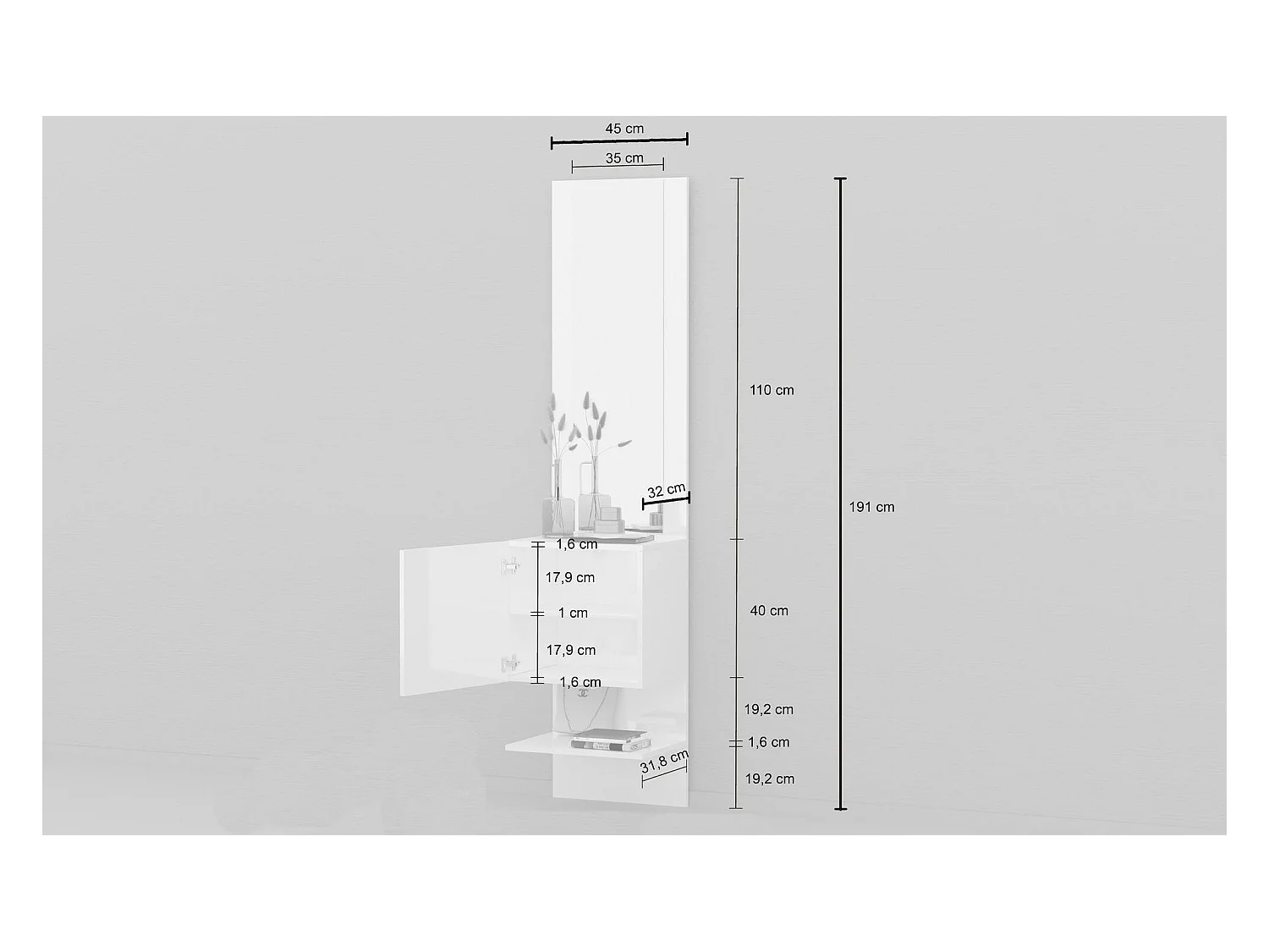 Armário de entrada Dcuadrad, Armário multifuncional com espelho, Sapateira de 1 folha, 45x35h190 cm, Branco