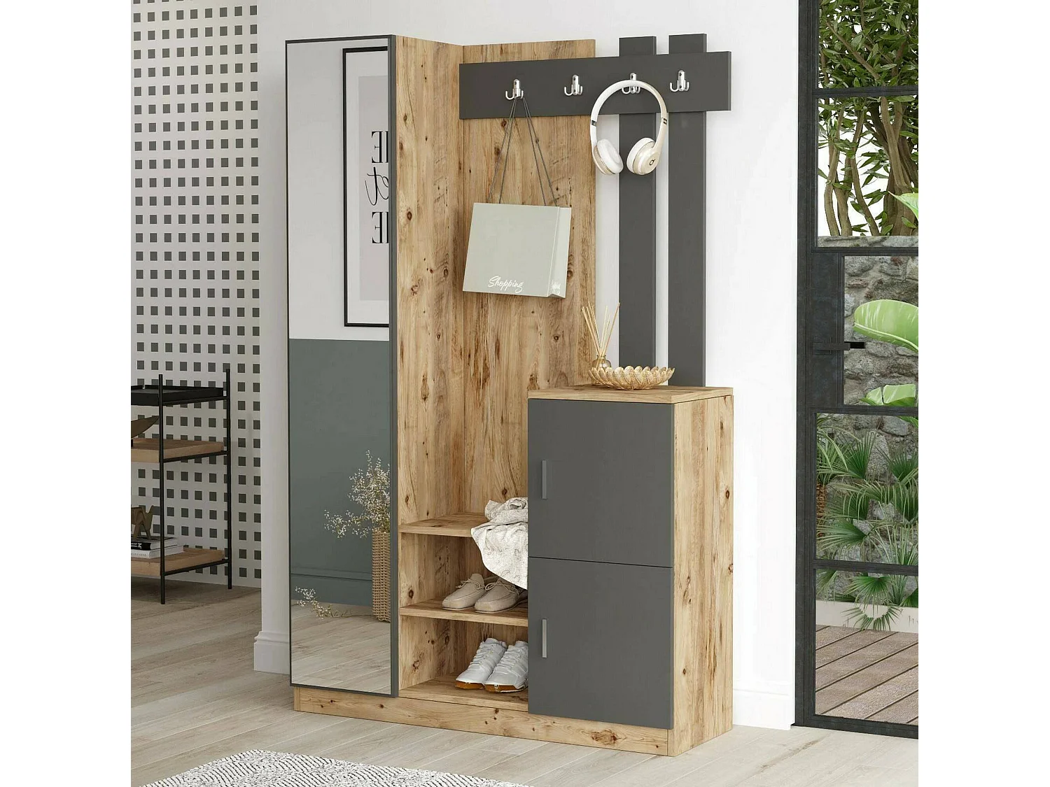 Meuble d'entrée Australis, Crochet d'entrée, Composition pour l'atrium, Console de rangement multifonction, 114x38h180 cm, Chêne et Anthracite