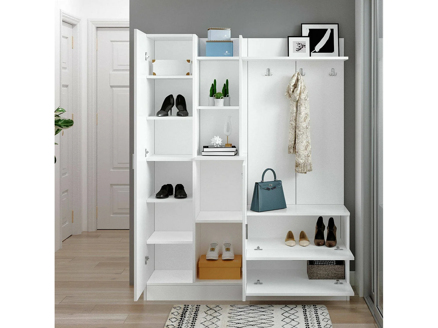 Dmasiell entreekast, Hanger ingang, Atrium samenstelling, Multifunctionele opbergconsole, 140x37h182 cm, Wit