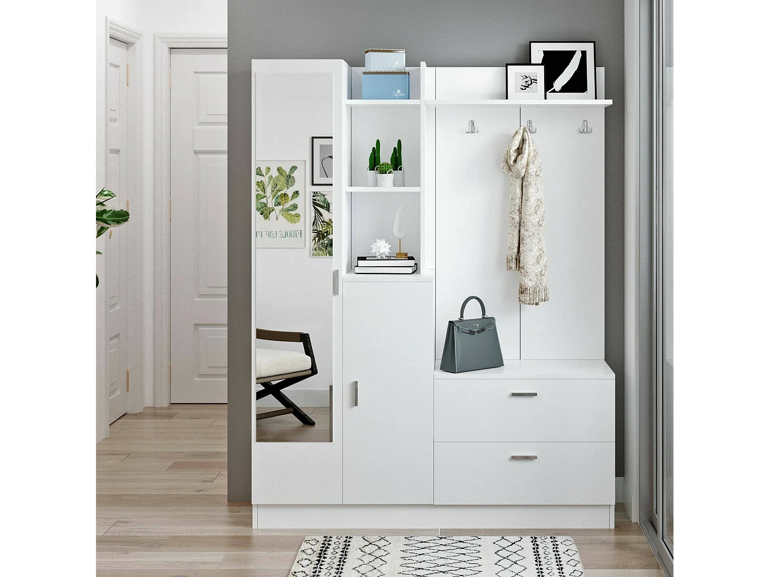 Armário de entrada Dmasiell, Entrada do cabide, Composição do átrio, Consola de armazenamento multifunções, 140x37h182 cm, Branco