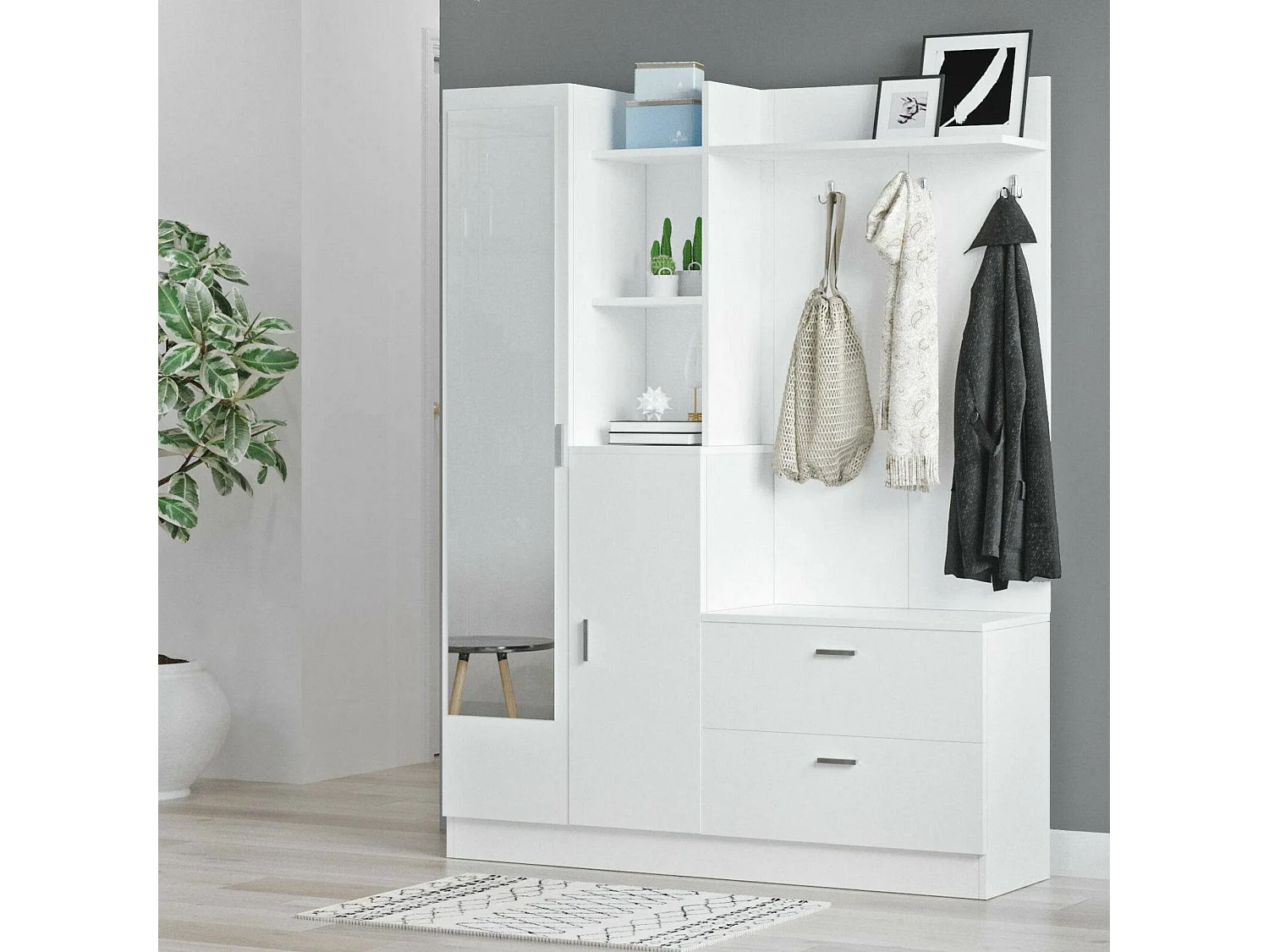 Muebles de entrada Dmasiell, Entrada para perchas, Composición para atrio, Consola de almacenamiento multifunción, 140x37h182 cm, Blanco