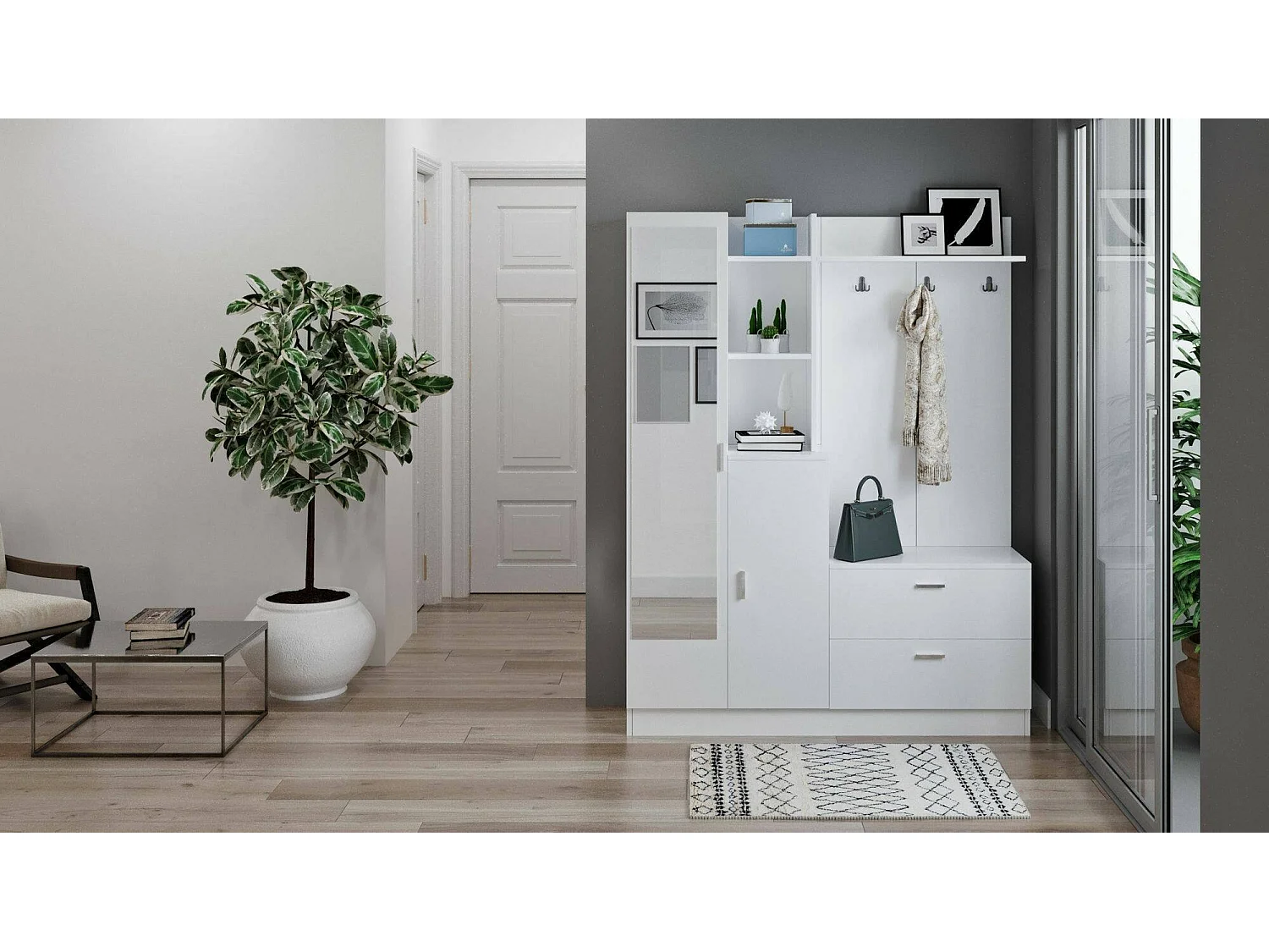 Muebles de entrada Dmasiell, Entrada para perchas, Composición para atrio, Consola de almacenamiento multifunción, 140x37h182 cm, Blanco