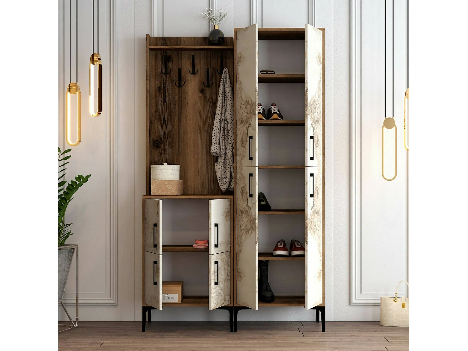 Meuble d'entrée Castor, Crochet d'entrée, Composition pour l'atrium, Console de rangement multifonction, 120x35h200 cm, Noyer et Marbre Blanc