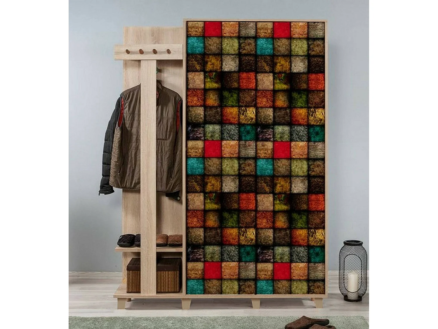 Muebles de entrada Dpionett, Entrada para perchas, Composición para atrio, Consola de almacenamiento multifunción, 135x36h194 cm, Roble y Multicolor