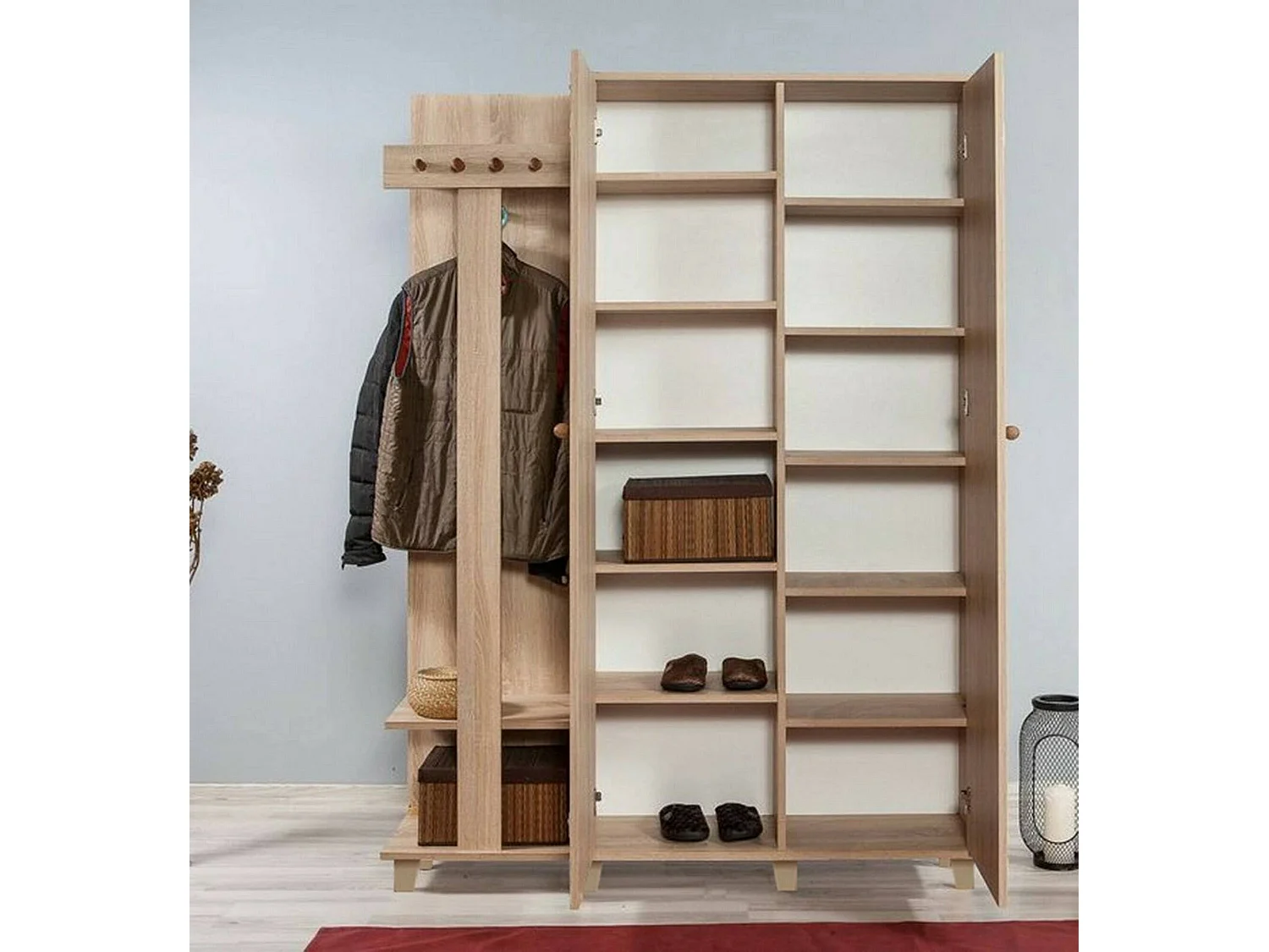 Muebles de entrada Dpionett, Entrada para perchas, Composición para atrio, Consola de almacenamiento multifunción, 135x36h194 cm, Roble y Multicolor