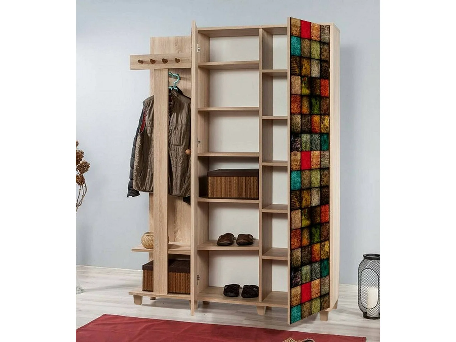 Muebles de entrada Dpionett, Entrada para perchas, Composición para atrio, Consola de almacenamiento multifunción, 135x36h194 cm, Roble y Multicolor