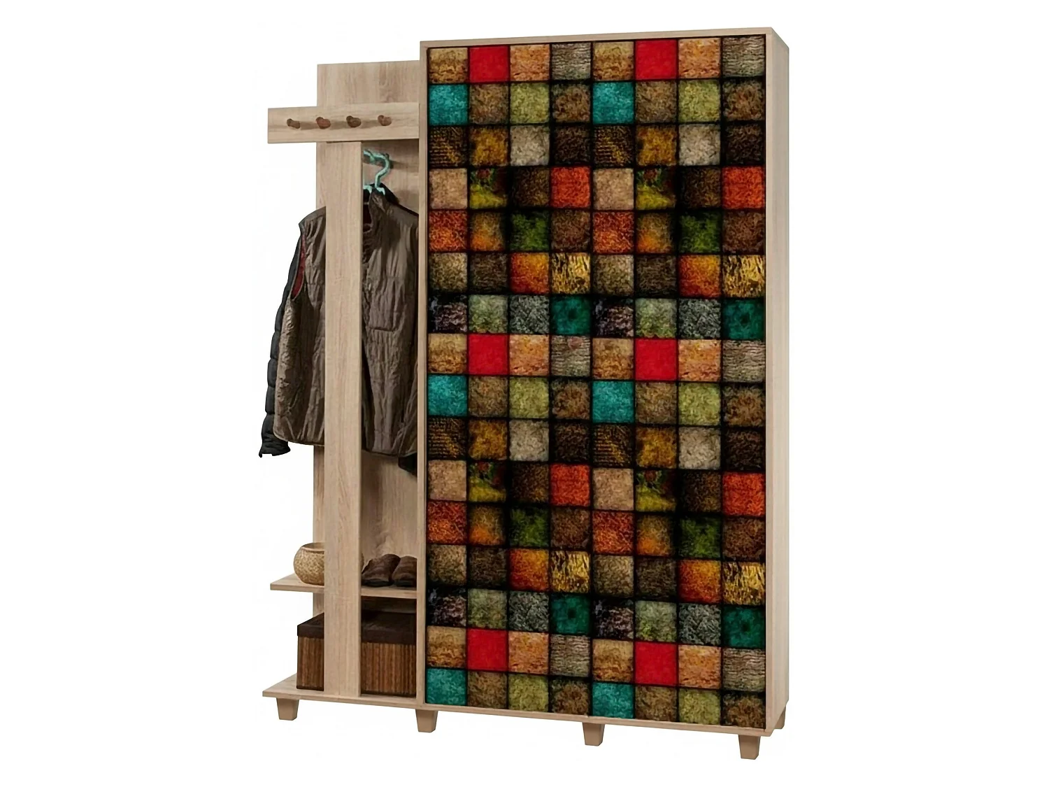 Meuble d'entrée Terpsi, Crochet d'entrée, Composition pour l'atrium, Console de rangement multifonction, 135x36h194 cm, Chêne et Multicolore