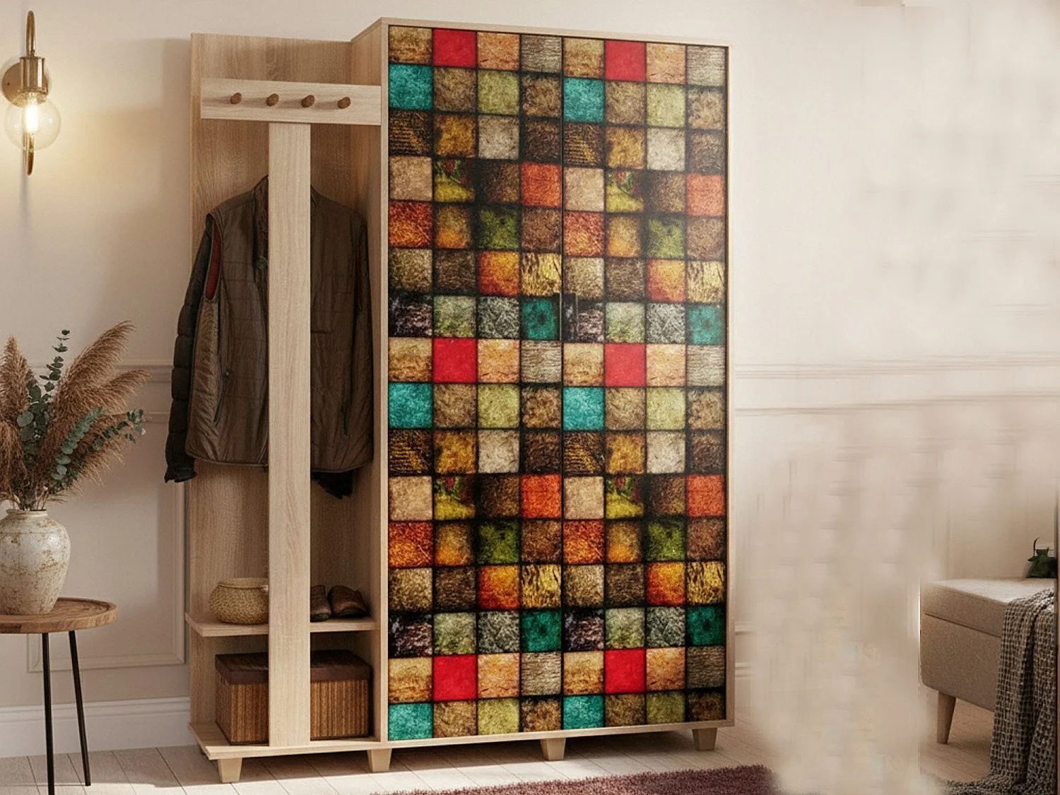 Meuble d'entrée Terpsi, Crochet d'entrée, Composition pour l'atrium, Console de rangement multifonction, 135x36h194 cm, Chêne et Multicolore