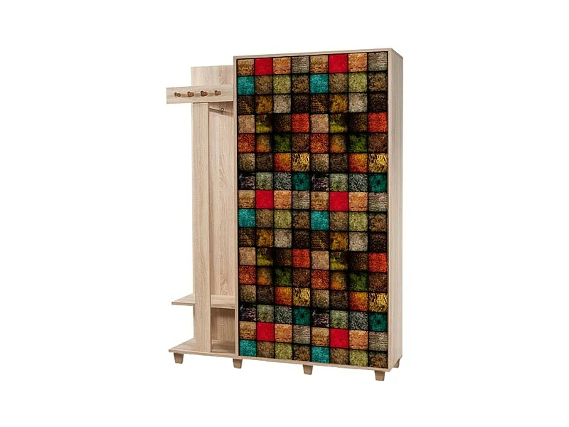 Meuble d'entrée Terpsi, Crochet d'entrée, Composition pour l'atrium, Console de rangement multifonction, 135x36h194 cm, Chêne et Multicolore