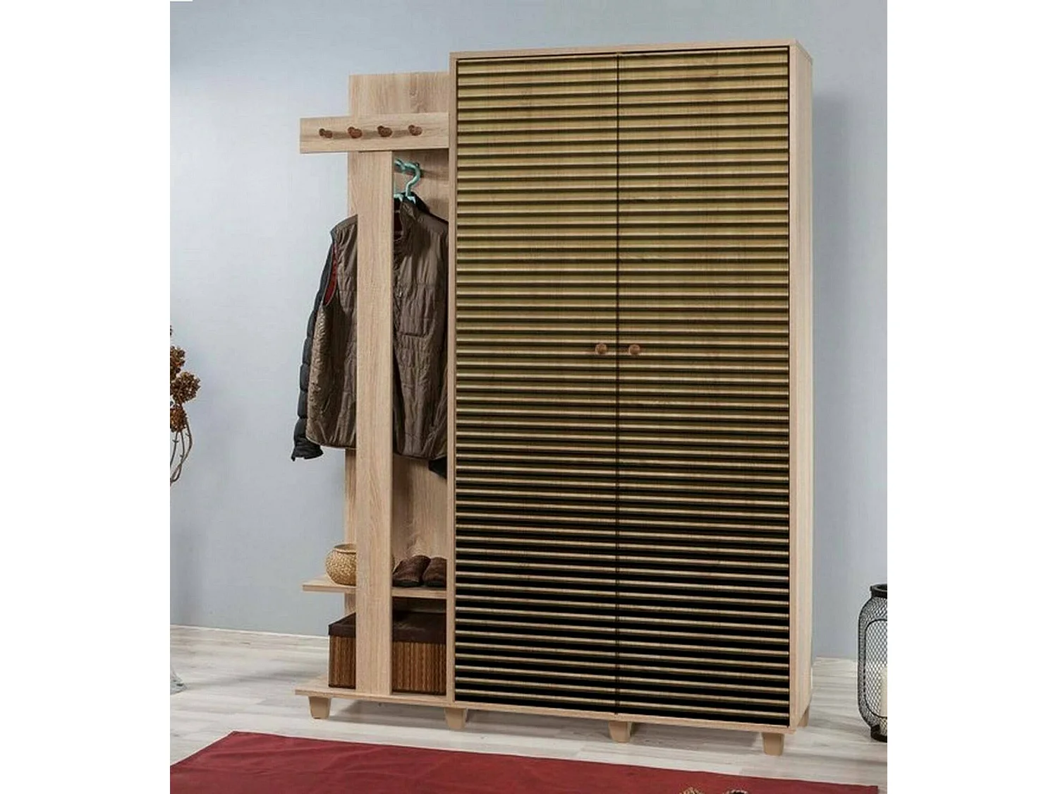 Muebles de entrada Dpionett, Entrada para perchas, Composición para atrio, Consola de almacenamiento multifunción, 135x36h194 cm, Roble