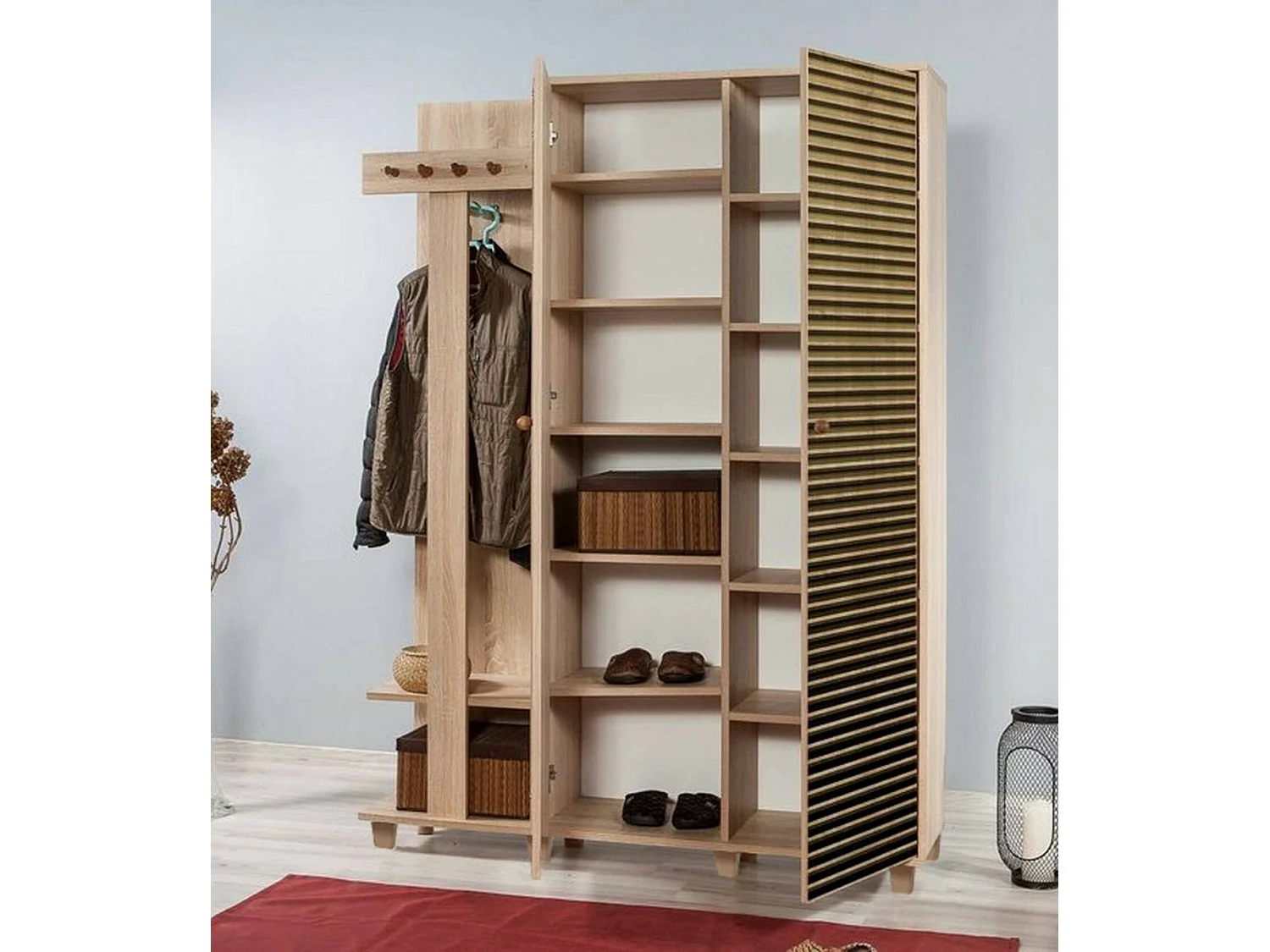 Muebles de entrada Dpionett, Entrada para perchas, Composición para atrio, Consola de almacenamiento multifunción, 135x36h194 cm, Roble