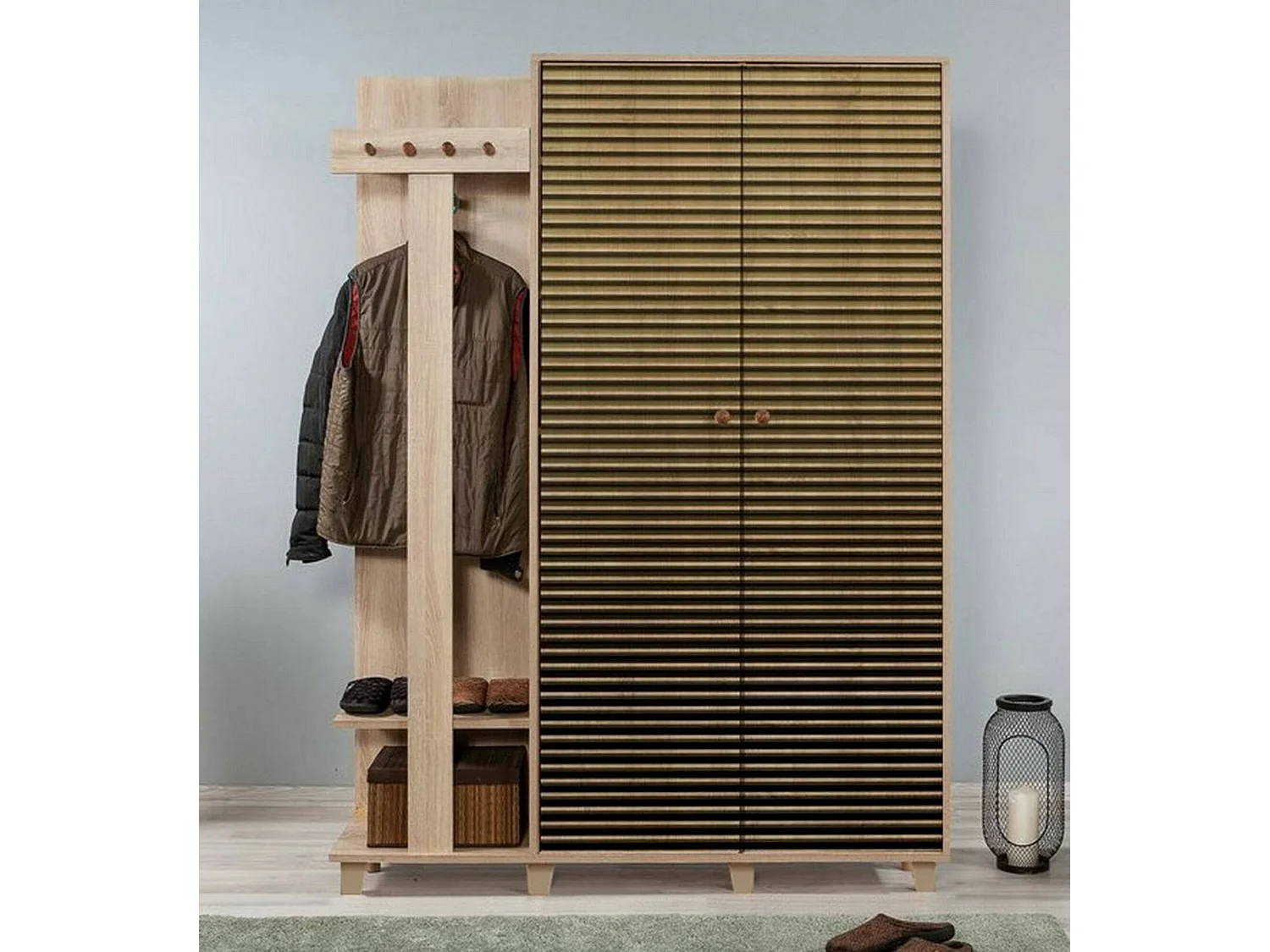 Meuble d'entrée Terpsi, Crochet d'entrée, Composition pour l'atrium, Console de rangement multifonction, 135x36h194 cm, Chêne