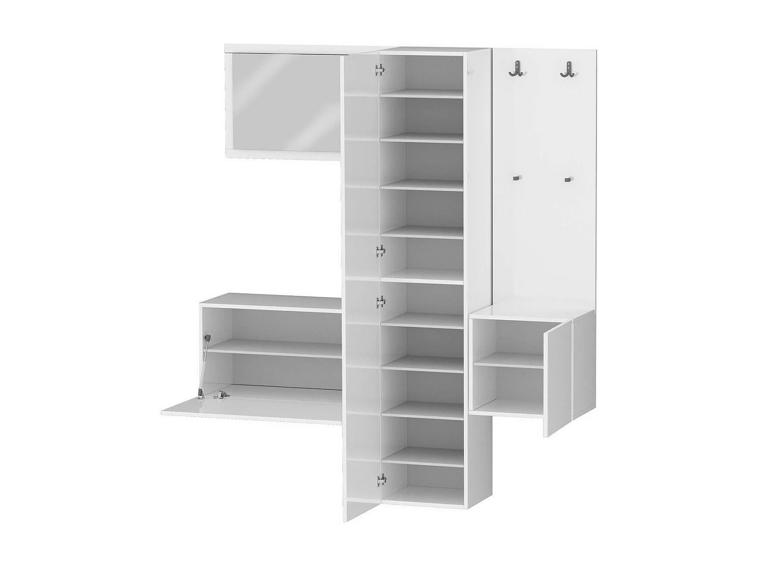 Eingangsmöbel Dcrescenz, Multifunktionsschrank mit 3 Türen, Wandgarderobe mit Spiegel, 170x35h190 cm, Weiß