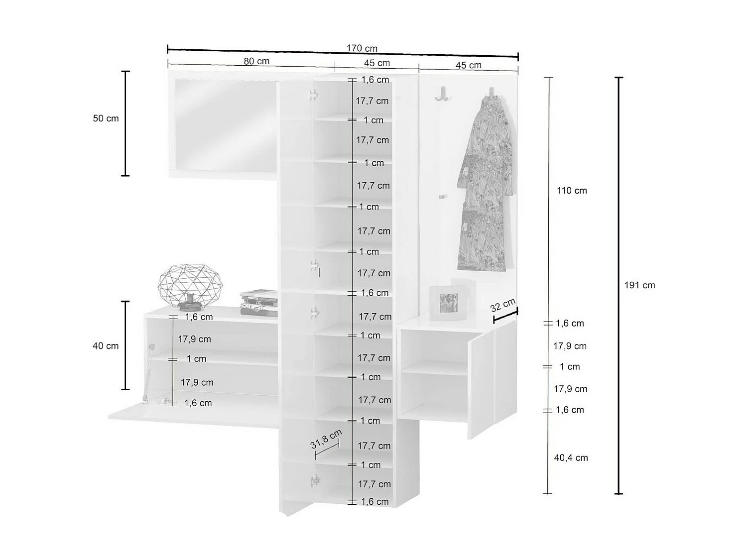 Meuble d'entrée Vernante, Armoire multifonctionnelle à 3 portes, Cintre mural avec miroir, 170x35h190 cm, Blanc