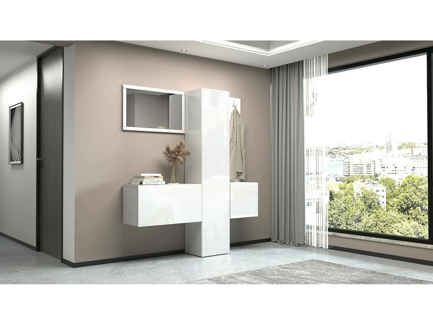 Meuble d'entrée Vernante, Armoire multifonctionnelle à 3 portes, Cintre mural avec miroir, 170x35h190 cm, Blanc