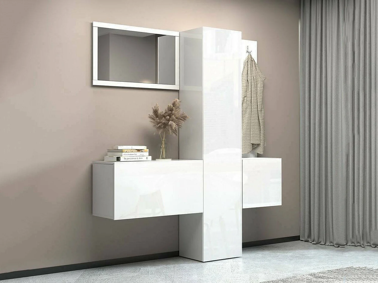 Meuble d'entrée Vernante, Armoire multifonctionnelle à 3 portes, Cintre mural avec miroir, 170x35h190 cm, Blanc