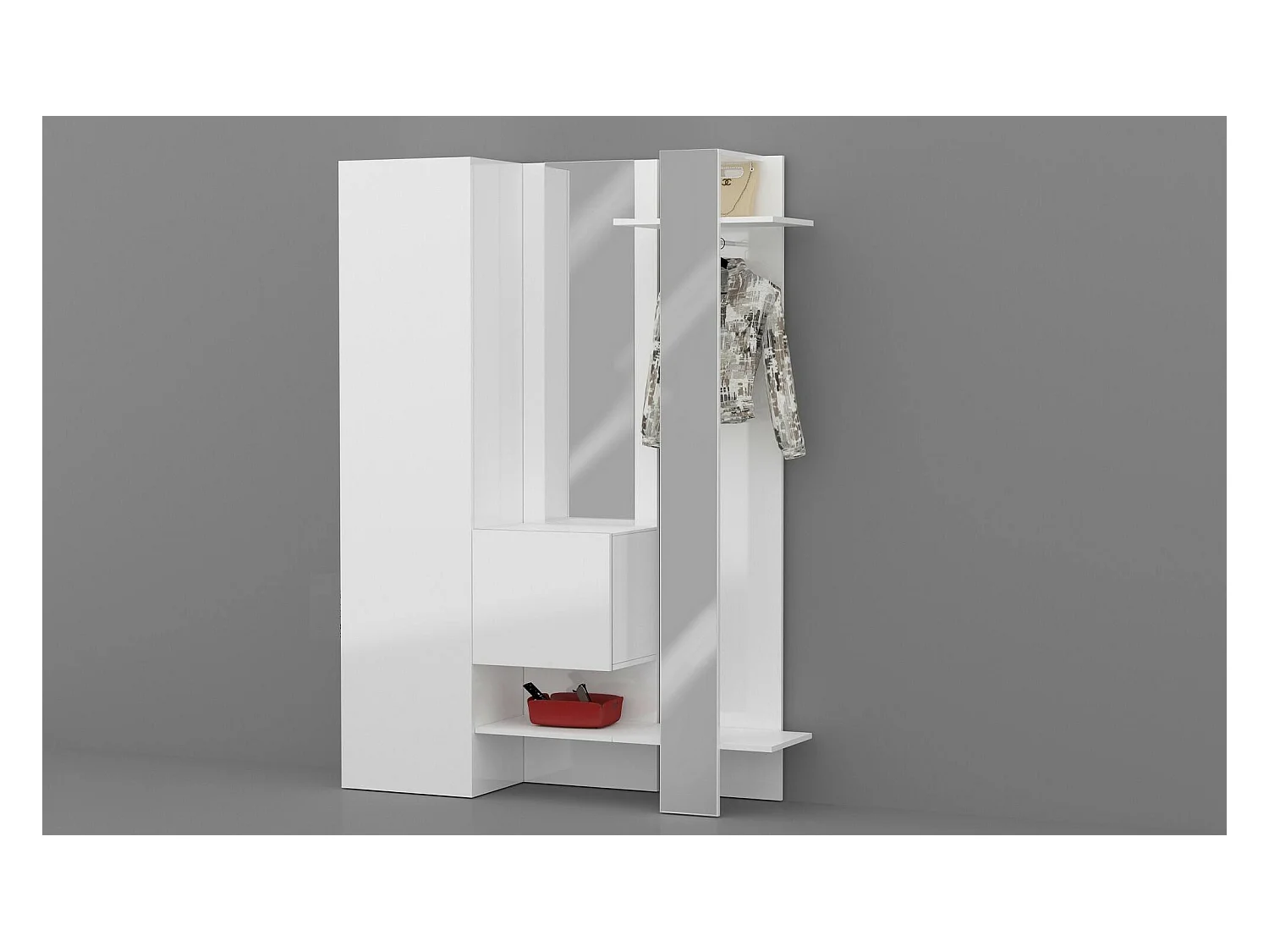 Armário de entradaDcriscion, Armário multifuncional com 2 portas, Cabide de parede com 2 espelhos, 140x35h190 cm, Branco