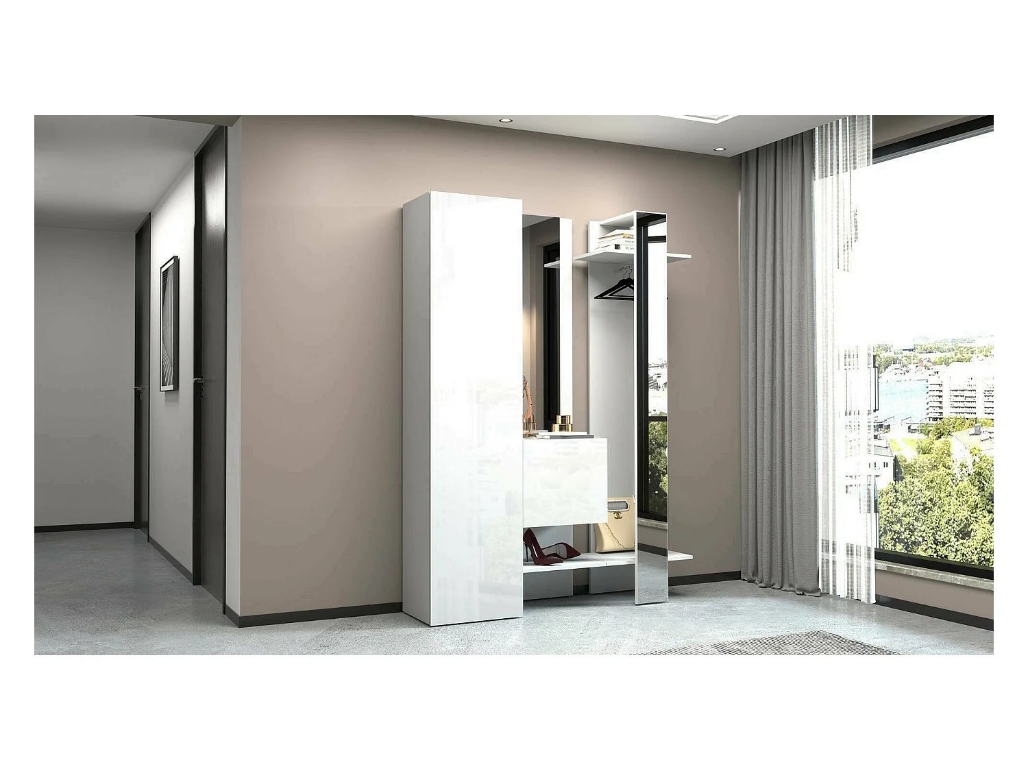 Armário de entradaDcriscion, Armário multifuncional com 2 portas, Cabide de parede com 2 espelhos, 140x35h190 cm, Branco