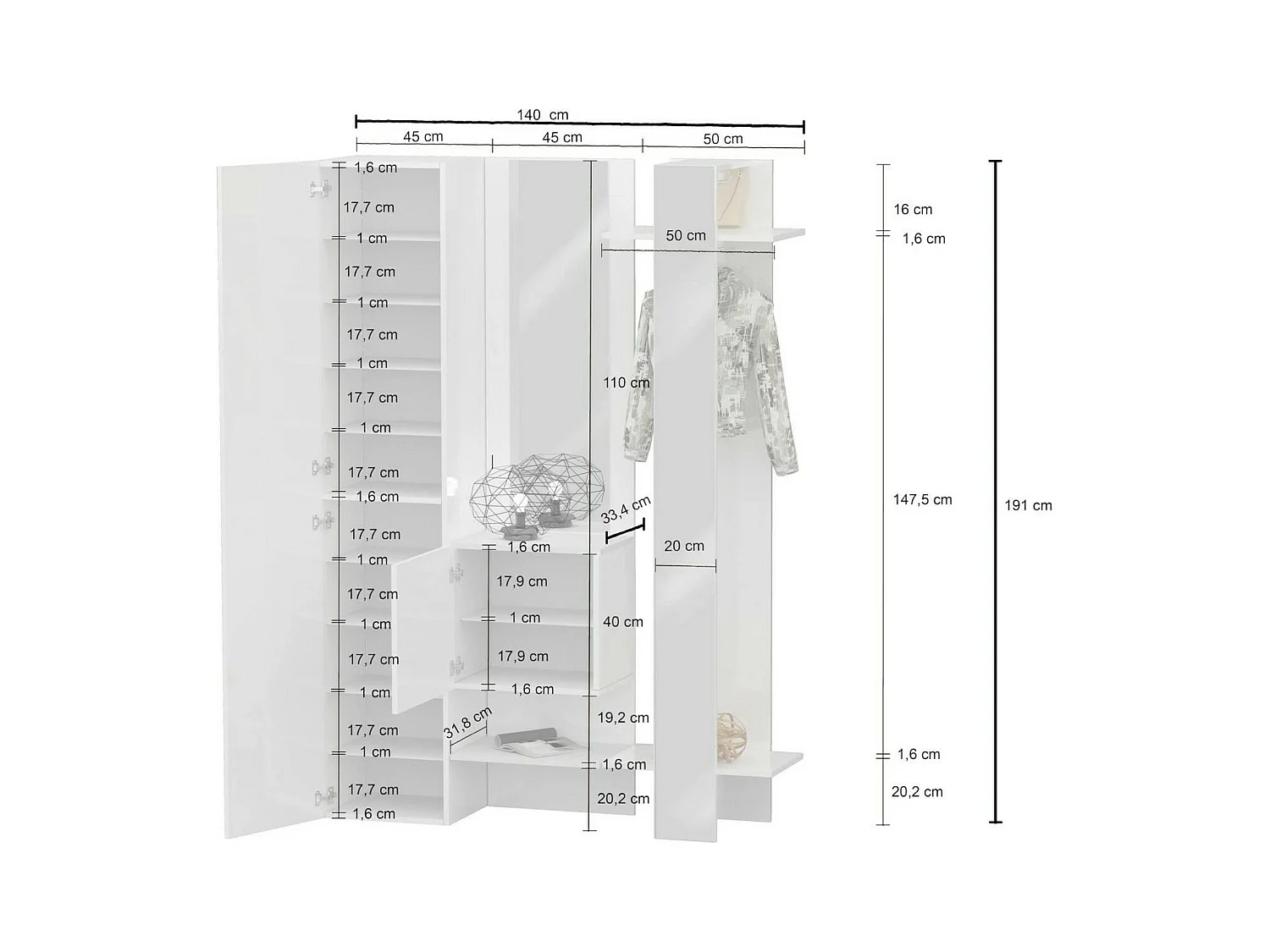 Armário de entradaDcriscion, Armário multifuncional com 2 portas, Cabide de parede com 2 espelhos, 140x35h190 cm, Branco