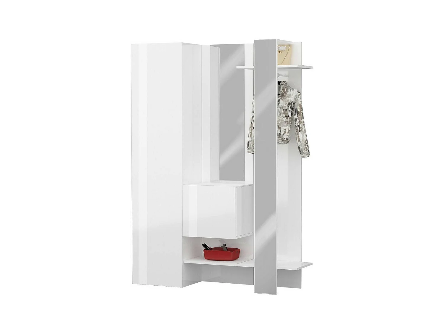 Armário de entradaDcriscion, Armário multifuncional com 2 portas, Cabide de parede com 2 espelhos, 140x35h190 cm, Branco