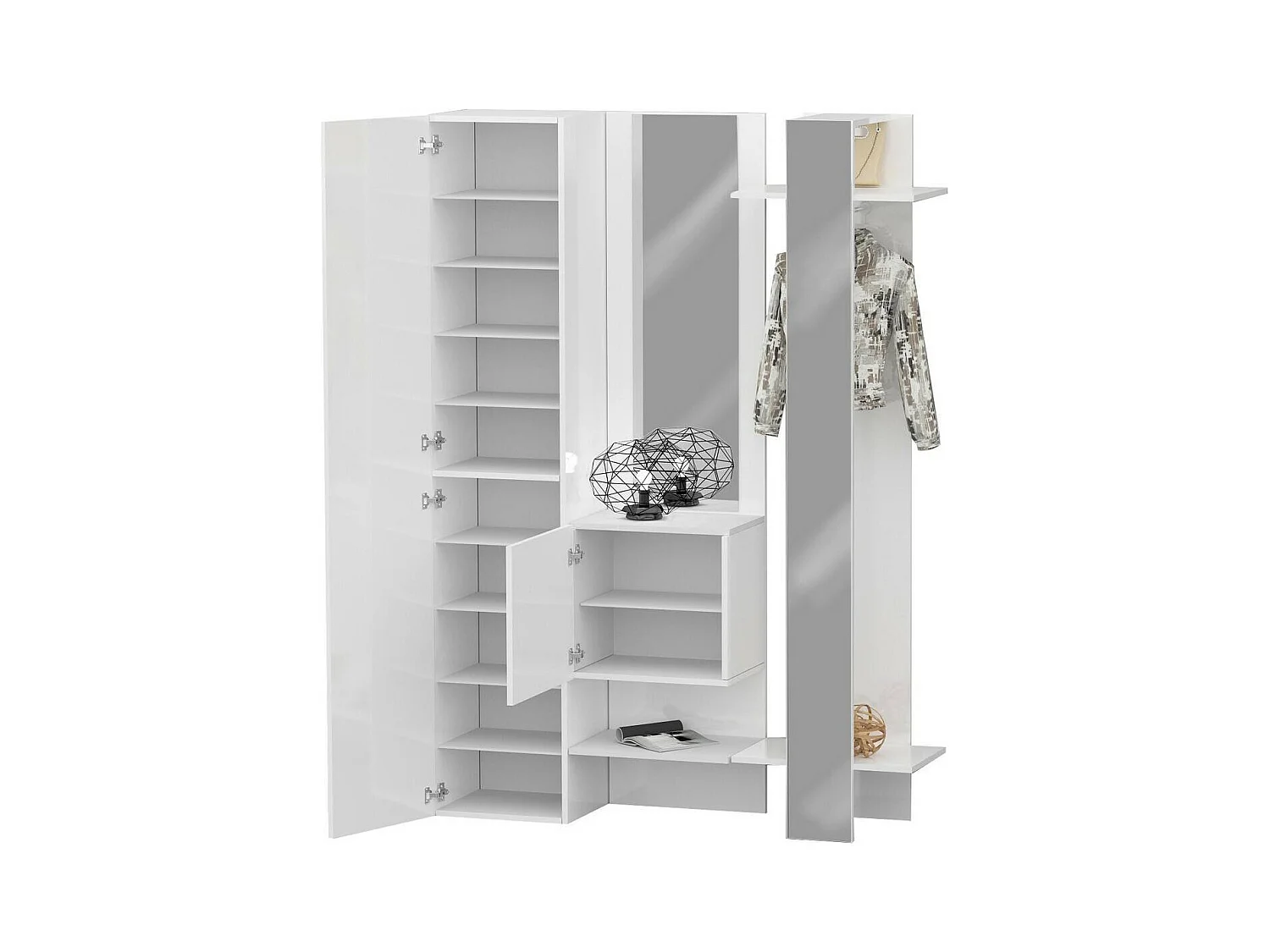 Armário de entradaDcriscion, Armário multifuncional com 2 portas, Cabide de parede com 2 espelhos, 140x35h190 cm, Branco