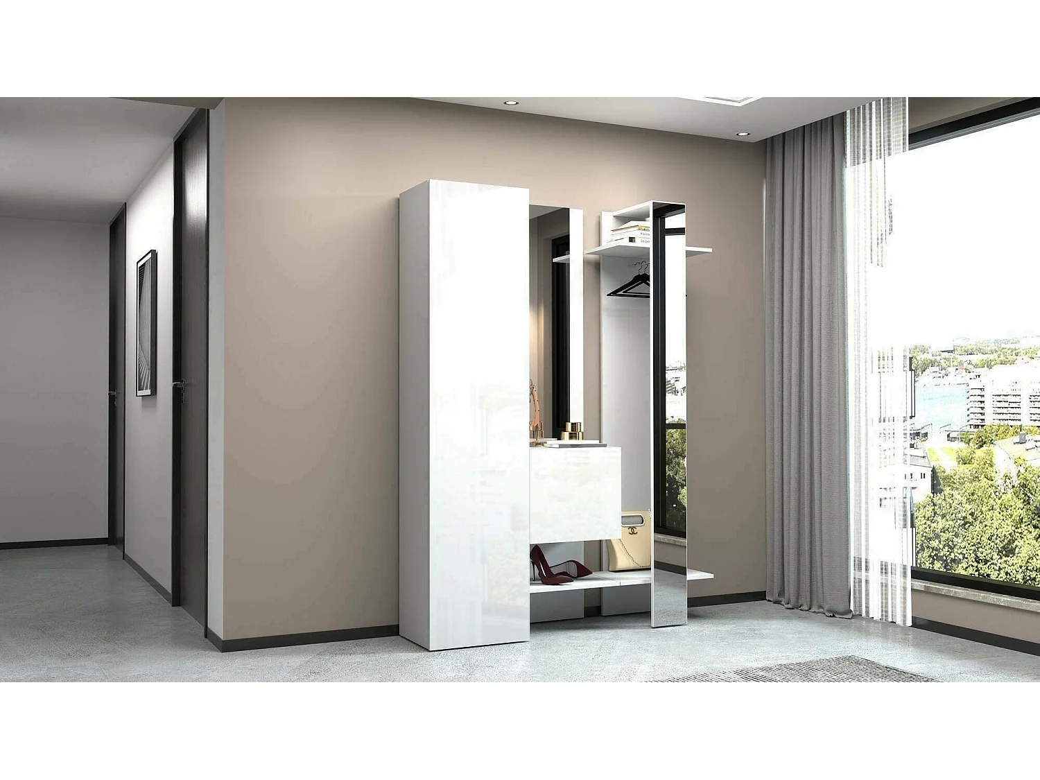 Meuble d'entrée Vilmaro, Armoire multifonctionnelle avec 2 portes, Cintre mural avec 2 miroirs, 140x35h190 cm, Blanc