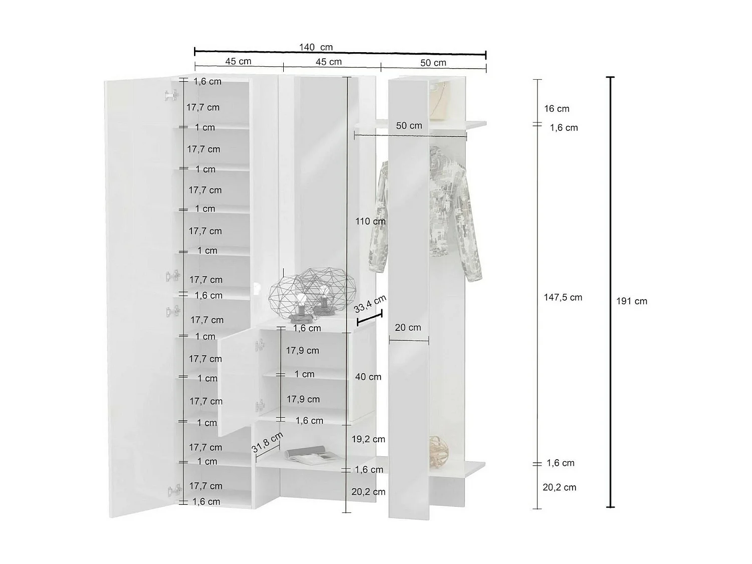Mobile da Ingresso Arabelle, Specchio Incluso Made in Italy, 35x140x190h cm Bianco