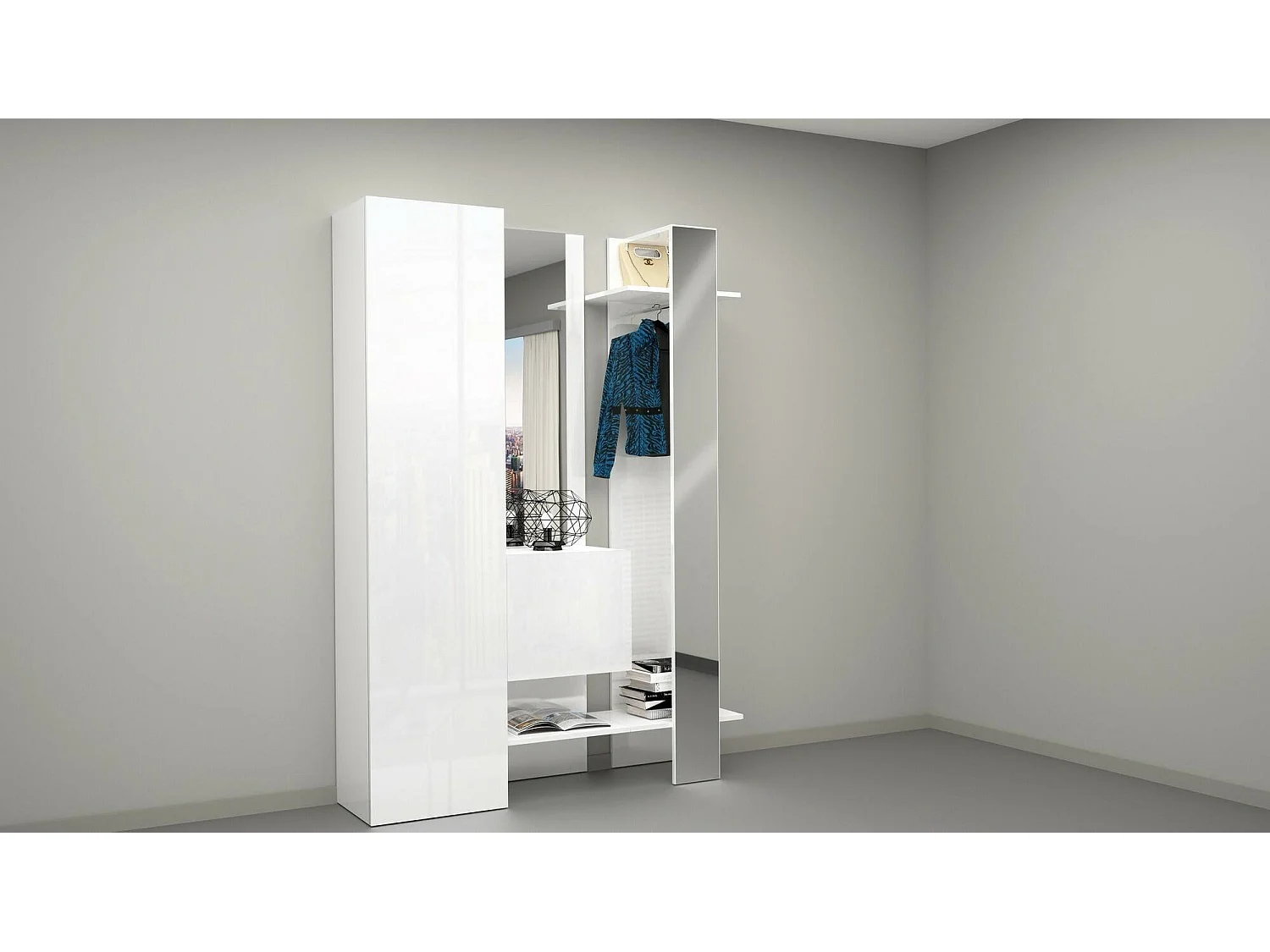 Mueble de entrada Dcriscion, Armario multifuncional con 2 puertas, Perchero de pared con 2 espejos, 140x35h190 cm, Blanco