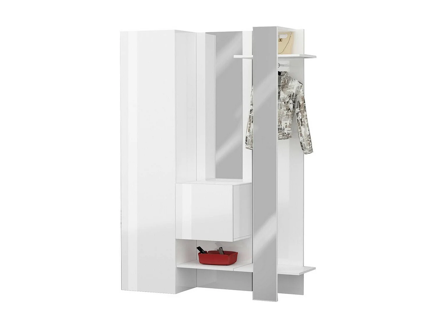 Mueble de entrada Dcriscion, Armario multifuncional con 2 puertas, Perchero de pared con 2 espejos, 140x35h190 cm, Blanco