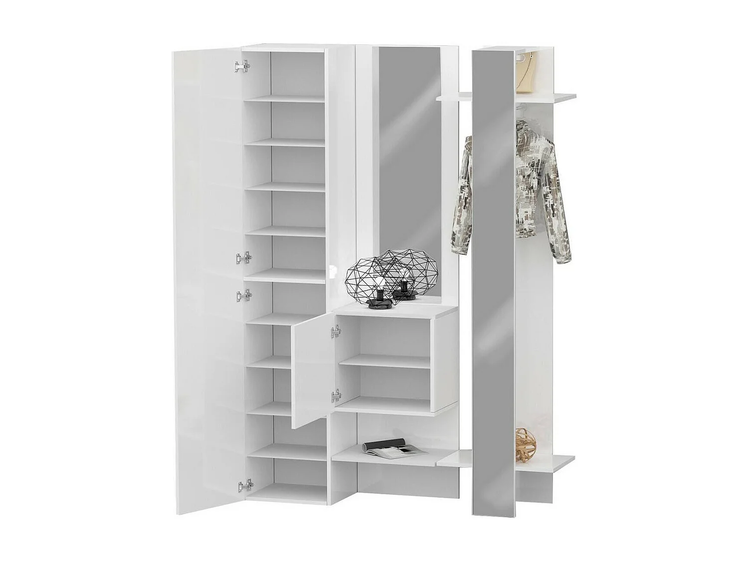 Mueble de entrada Dcriscion, Armario multifuncional con 2 puertas, Perchero de pared con 2 espejos, 140x35h190 cm, Blanco