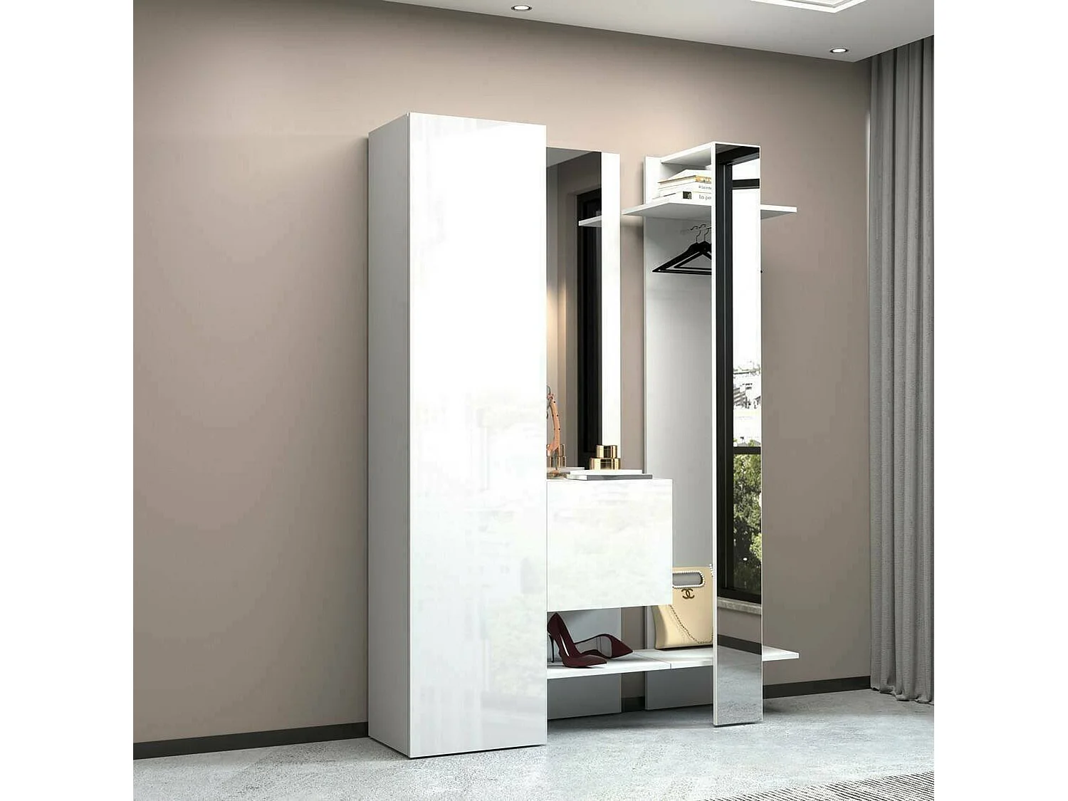 Mueble de entrada Dcriscion, Armario multifuncional con 2 puertas, Perchero de pared con 2 espejos, 140x35h190 cm, Blanco