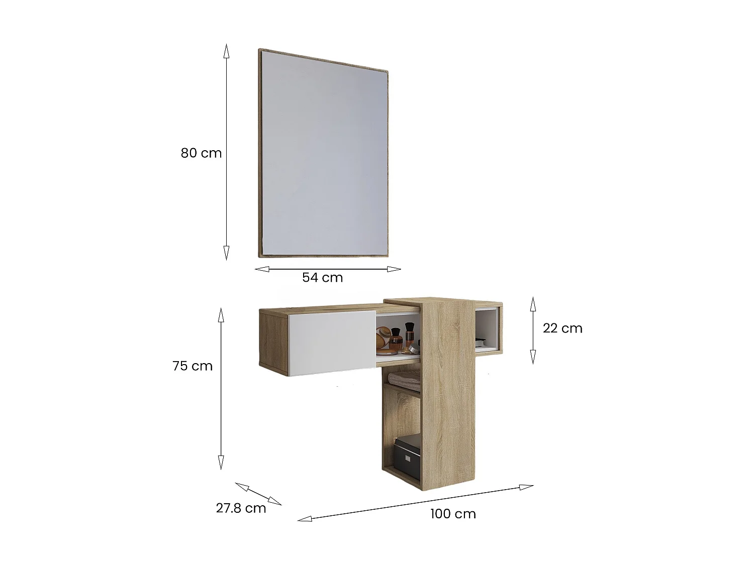 Muebles de entrada Daba, Entrada para perchas, Composición para atrio, Consola de almacenamiento multifunción, 100x31h75 cm, Roble y Blanco