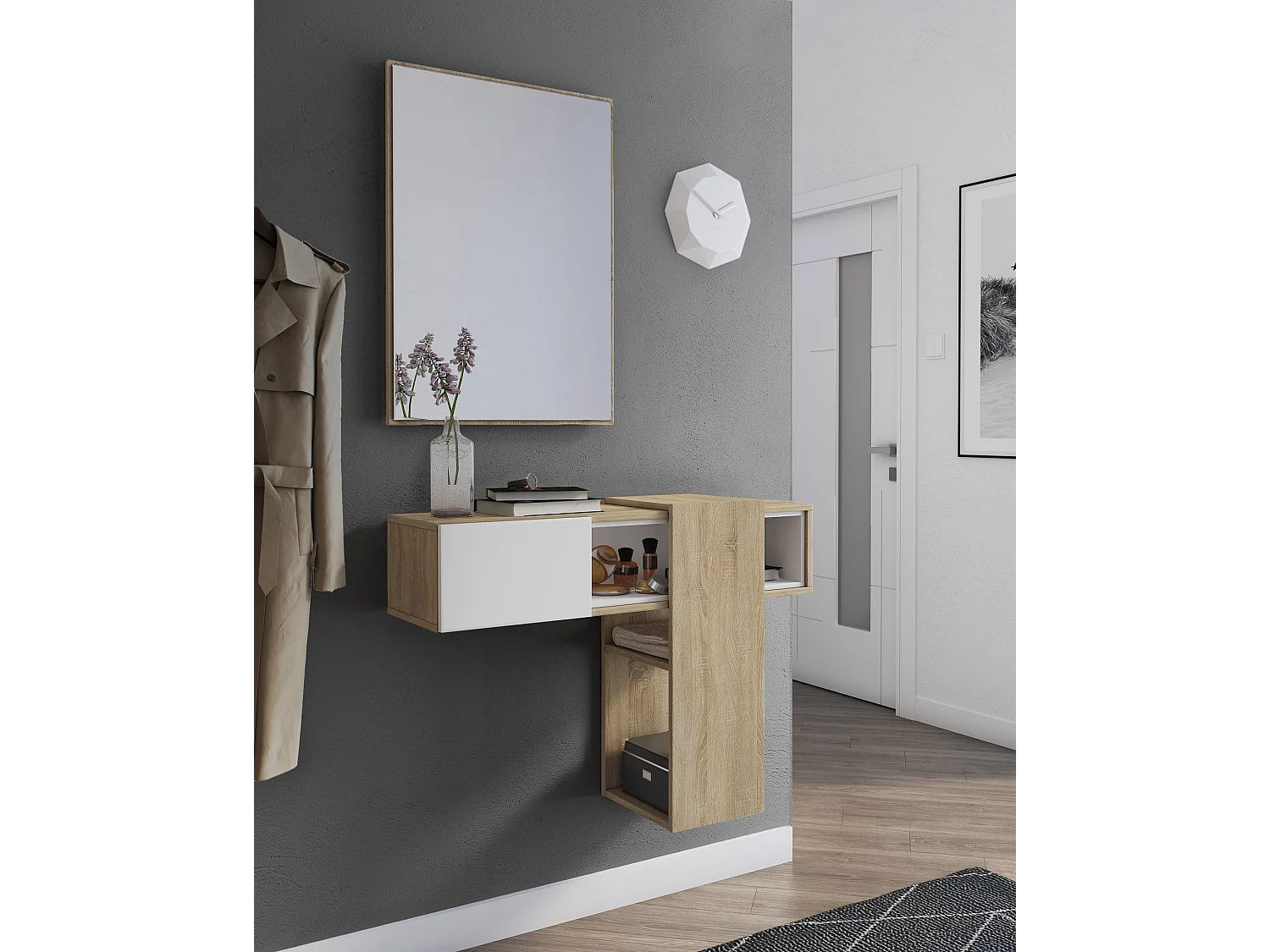 Daba-ingangsmeubel, Ingangshanger, Atrium-opstelling, M-functioneleerhouder, 100x31h75 cm, Eiken en Wit