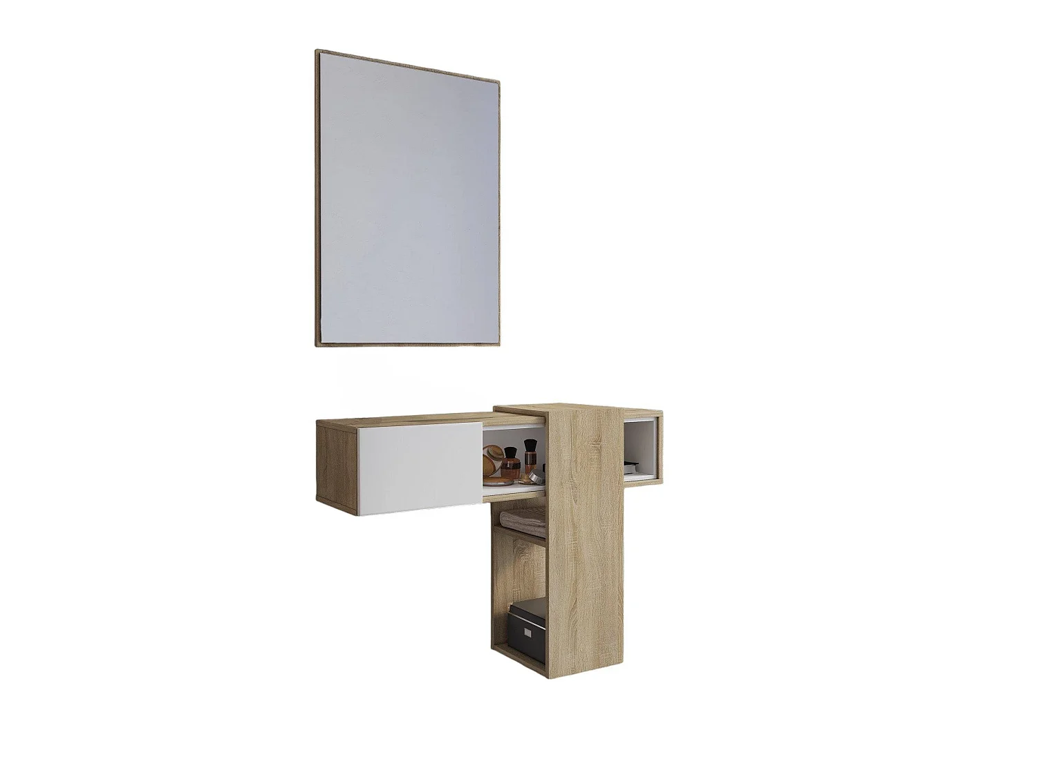 Mueble de entrada Daba, espejo incluido, 100x31x75h cm, marrón roble, un estante, perchero