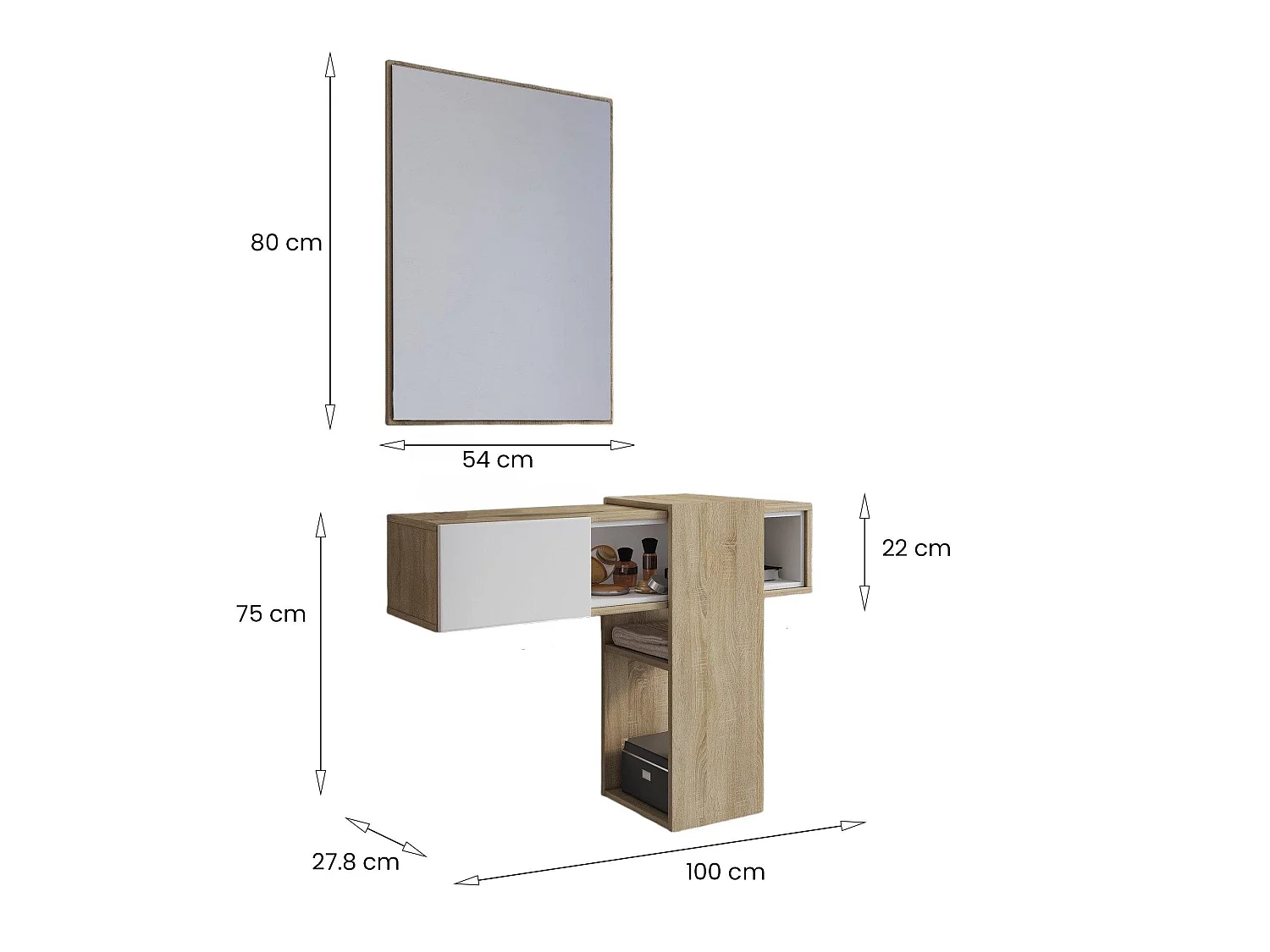 Mueble de entrada Daba, espejo incluido, 100x31x75h cm, marrón roble, un estante, perchero