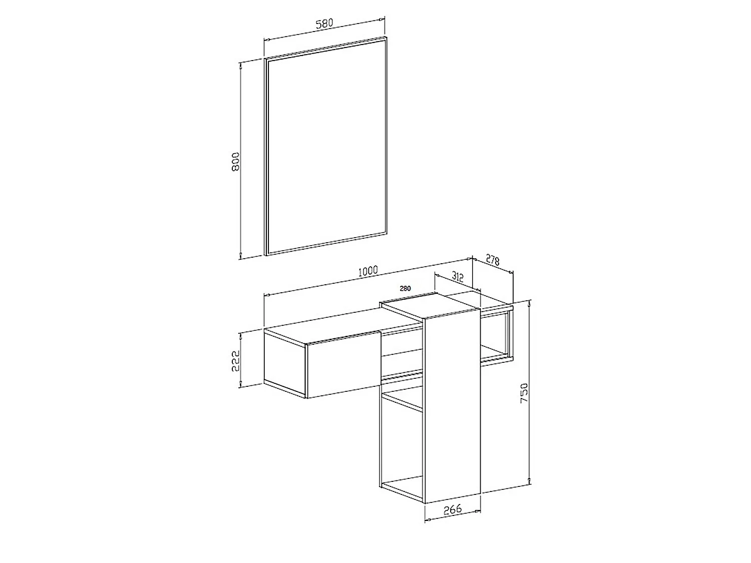 Mueble de entrada Daba, espejo incluido, 100x31x75h cm, marrón roble, un estante, perchero