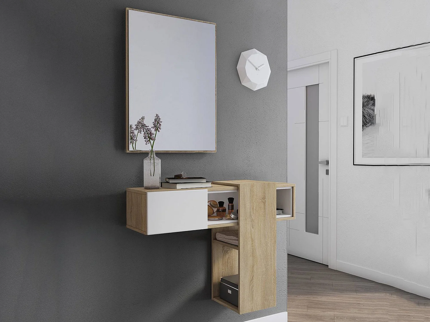 Mueble de entrada Daba, espejo incluido, 100x31x75h cm, marrón roble, un estante, perchero