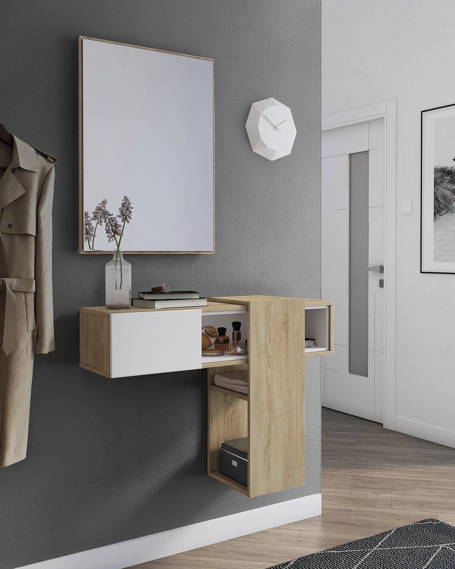 Meuble d'entrée Baffin, Crochet d'entrée, Composition pour l'atrium, Console de rangement multifonction, 100x31h75 cm, Chêne clair et Blanc