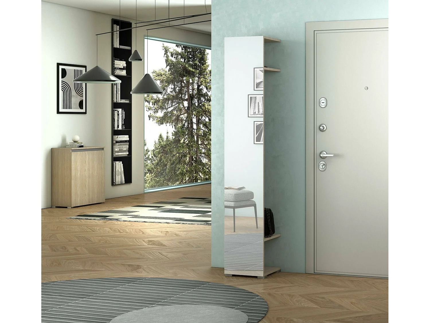 Meuble d'entrée Campanula, rangement gain de place, entrée avec miroir et patères, 100% Made in Italy, 35x37h195 cm, Olmo