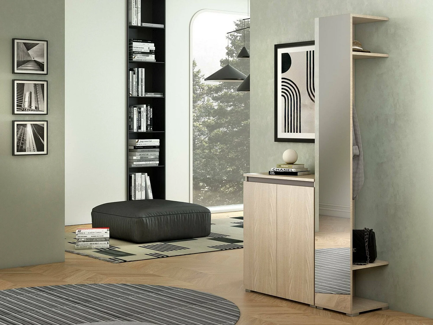 Meuble d'entrée Campanula, rangement gain de place, entrée avec miroir et patères, 100% Made in Italy, 35x37h195 cm, Olmo