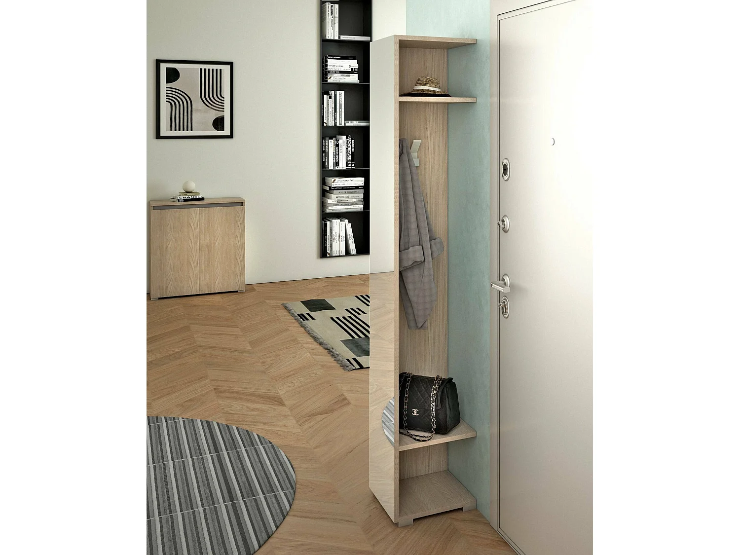 Meuble d'entrée Campanula, rangement gain de place, entrée avec miroir et patères, 100% Made in Italy, 35x37h195 cm, Olmo