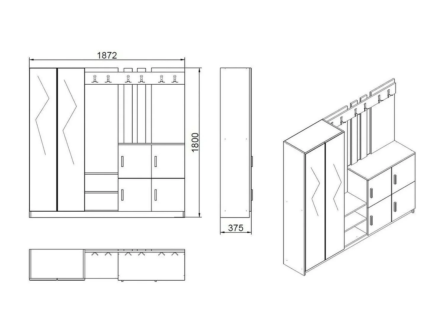 Meuble d'entrée Media, Crochet d'entrée, Composition pour l'atrium, Console de rangement multifonction, 187x38h180 cm, Chêne et Anthracite