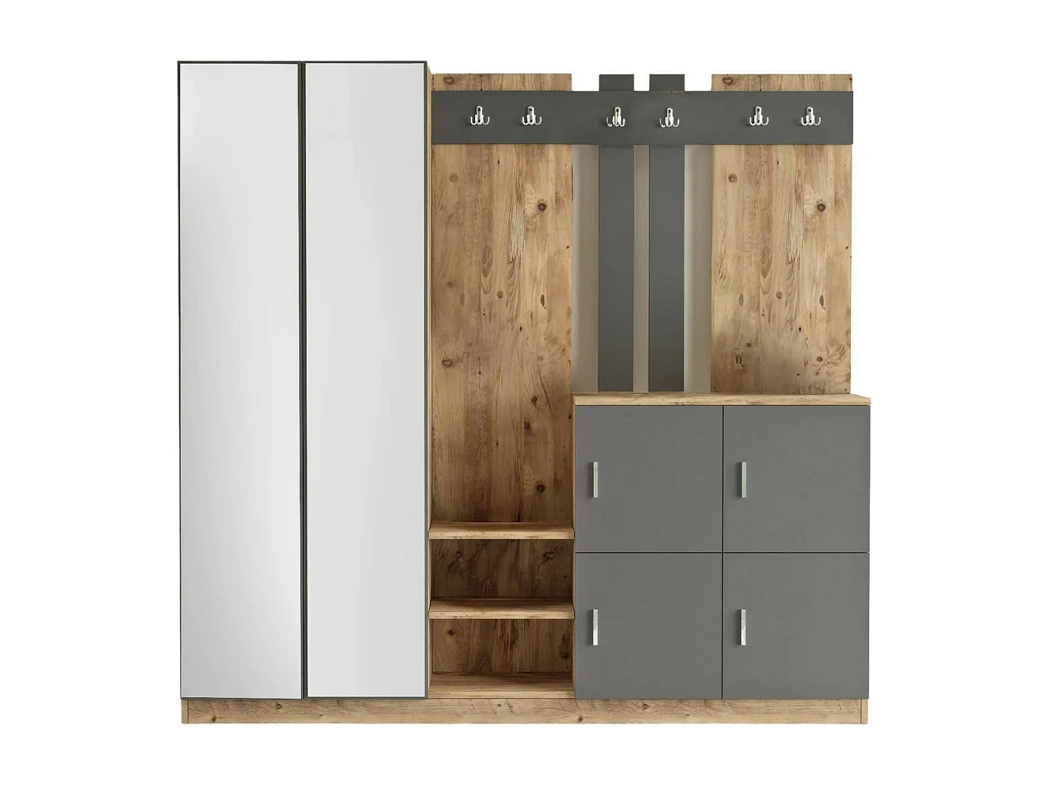 Dnikolao entreekast, Klerenhanger ingang, Atrium samenstelling, Multifunctionele opbergconsole, 187x38h180 cm, Eiken en Antraciet