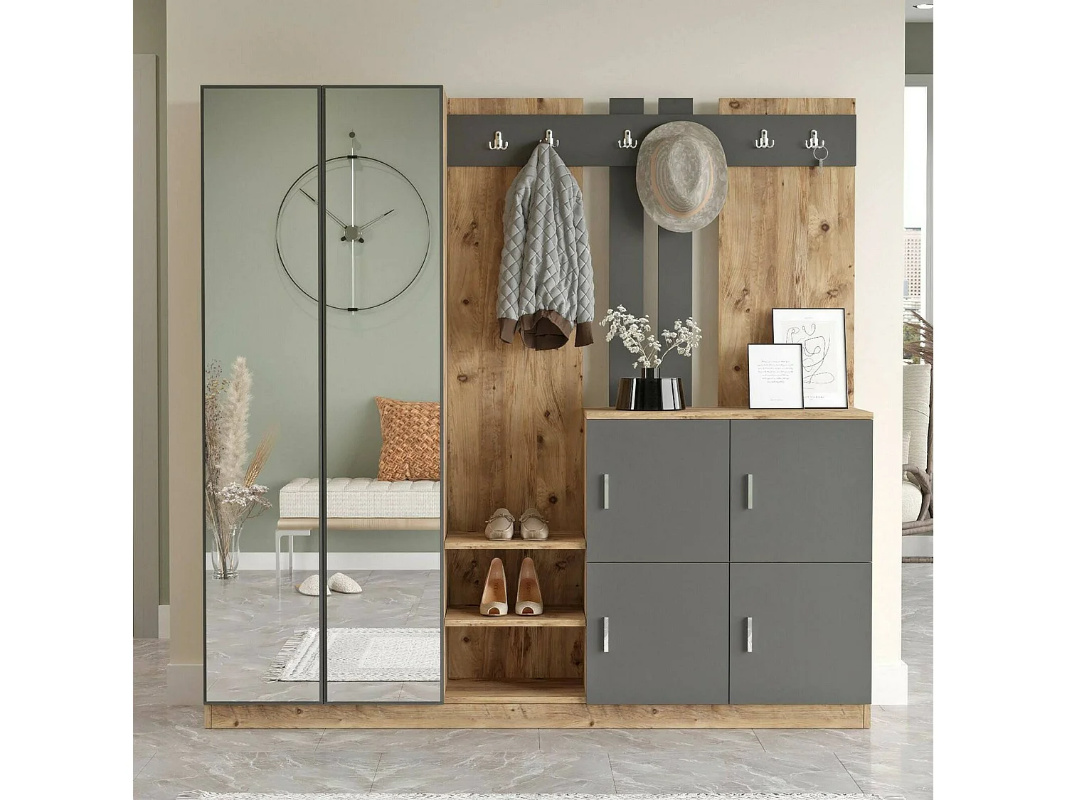 Dnikolao entreekast, Klerenhanger ingang, Atrium samenstelling, Multifunctionele opbergconsole, 187x38h180 cm, Eiken en Antraciet