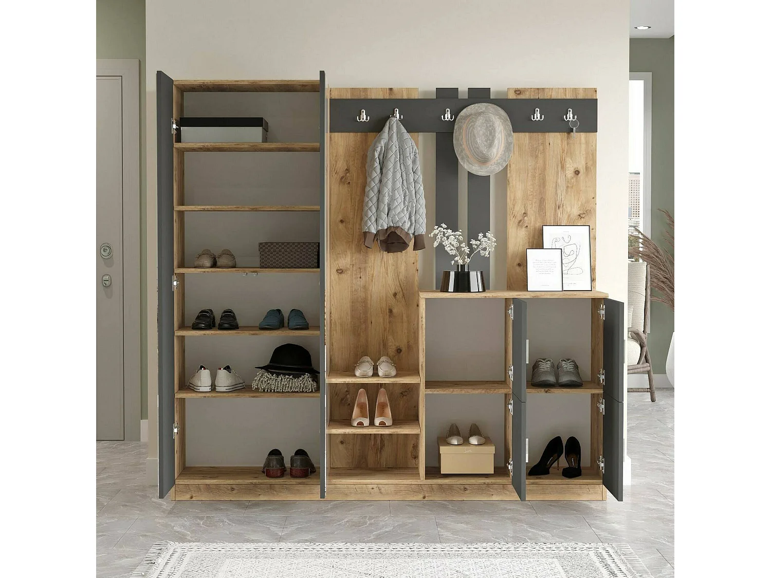 Dnikolao entreekast, Klerenhanger ingang, Atrium samenstelling, Multifunctionele opbergconsole, 187x38h180 cm, Eiken en Antraciet