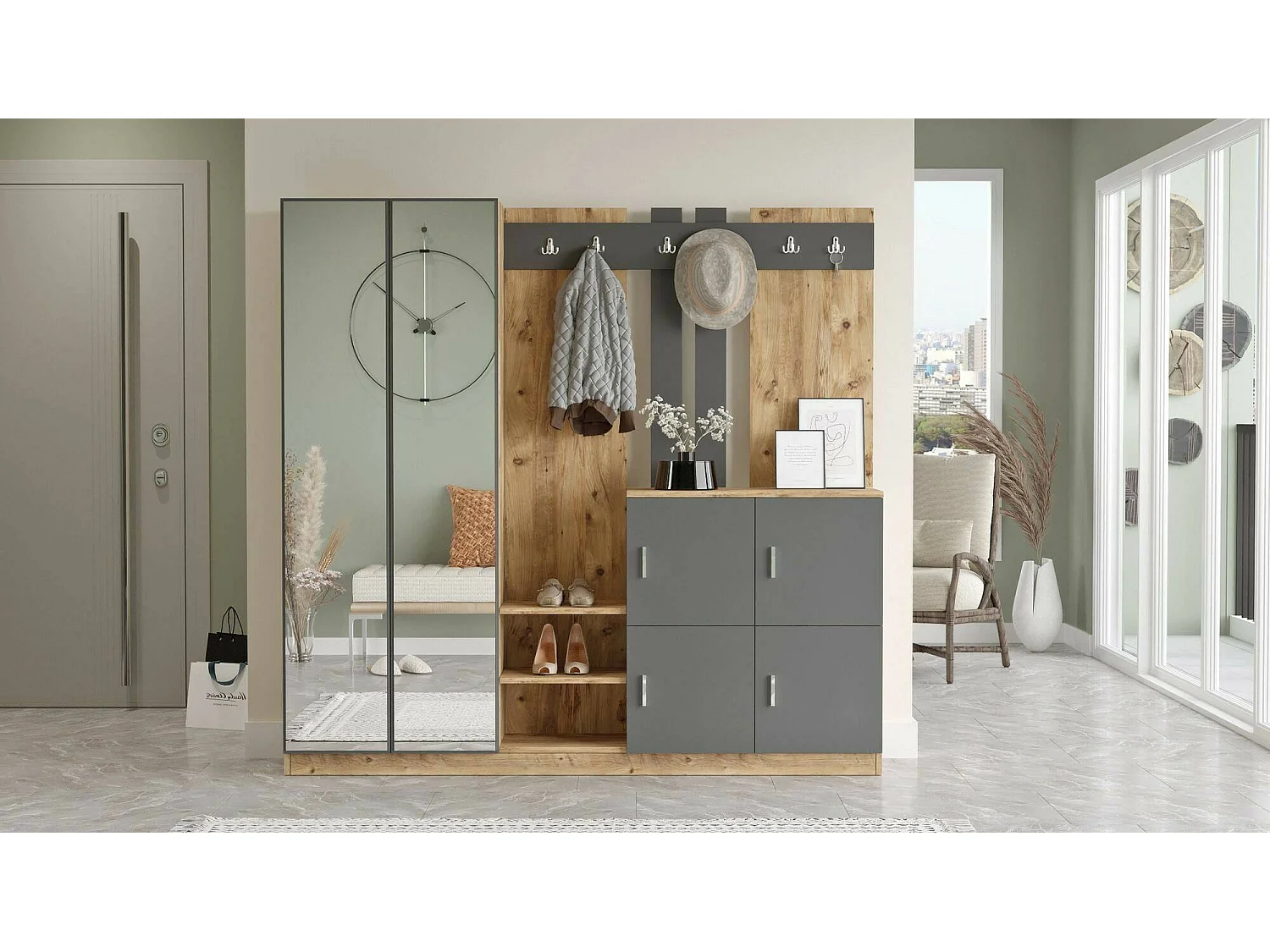 Muebles de entrada Dnikolao, Entrada para perchas, Composición para atrio, Consola de almacenamiento multifunción, 187x38h180 cm, Roble y Antracita