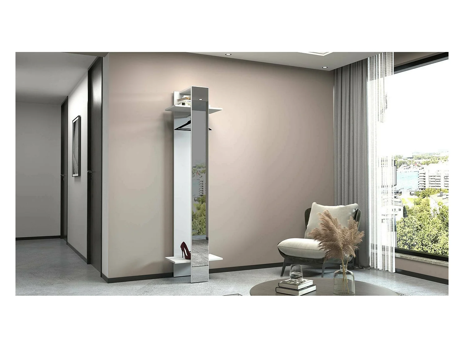 Armário de entrada Dcrociat, Armário mulFunção, Cabide de parede com espelho, 50x35h190 cm, Branco