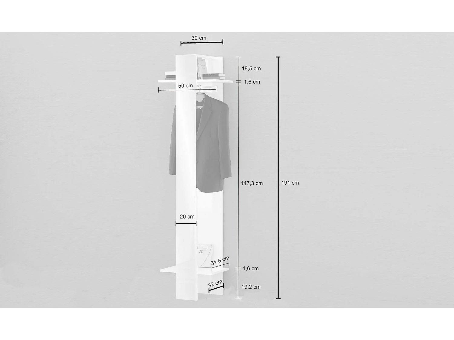 Mobile da Ingresso Maura, Specchio Incluso Made in Italy, 35x50x190h cm Bianco