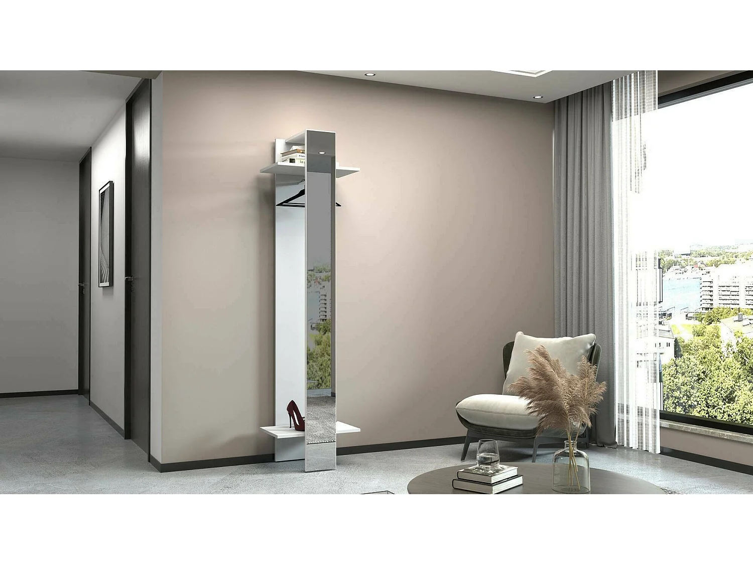 Meuble d'entrée Violantino, Armoire multifonctionnelle, Cintre mural avec miroir, 50x35h190 cm, Blanc